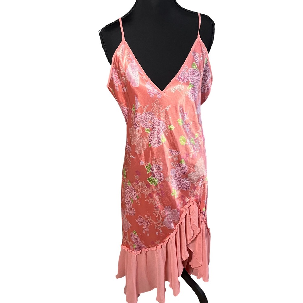 Sensara Women Coral Pink Floral Satin Nightgown‎ Dress Ruffle Hem Chemise XL